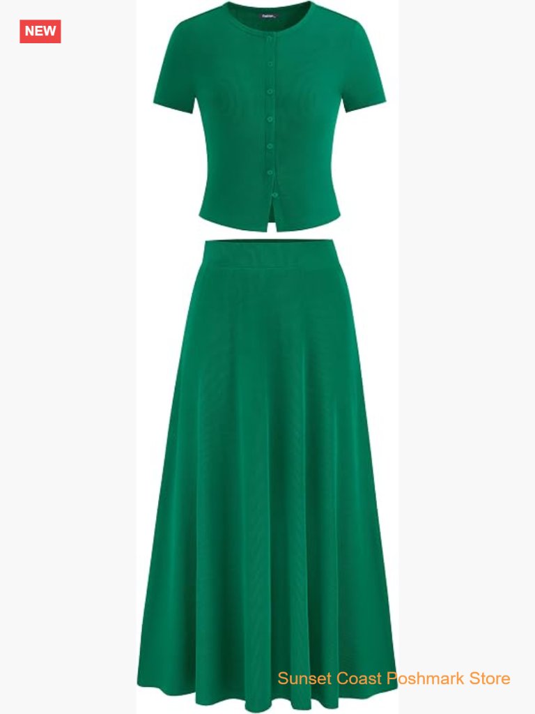 2 Piece Skirt Set Summer Short Sleeve Button Up Crop Top Flowy Maxi Skirt